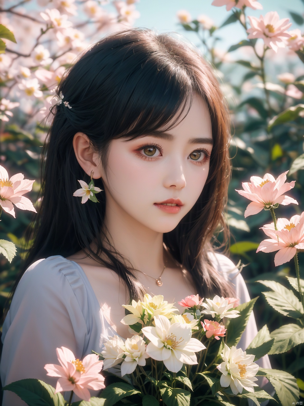  1girl,yuzu,qingsha,medium shot,solo,emotional_face,flower dress,flower armor,looking_at_viewer,green_theme,colorful blooming flowers,forming a dreamlike world,flower_garden,flowers everywhere,greens,pinks,bokeh,cinematic,exposure blend,(teal and orange:0.85),(muted_colors, dim_colors, soothing_tones:1.3),high contrast,low saturation,(Canon RF 85mm f/1.2L),tifa,huolinger,glint sparkle,pantyhose,xinniang,eyesseye,21yo girl,ajkds,yunbin,