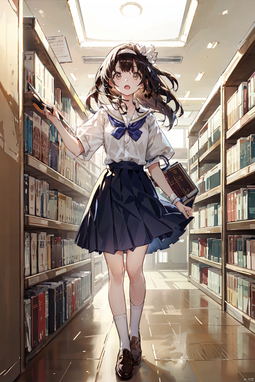  1girl, chitanda_eru (hyouka), solo, long_hair, looking_at_viewer, curious, open_mouth, hairband, uniform, brown_eyes, holding, black_hair, standing, full_body, book, ribbon, beige_uniform, white_hairband, white_ribbon, holding_book, mystery, club, school, library, shelves, books, oreki, school_style, collar, bow, skirt, brown_shoes, black_hairband