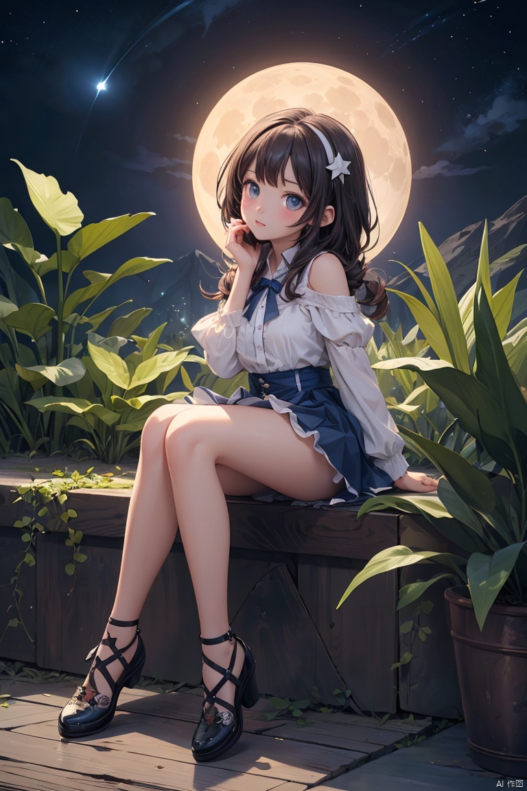  (masterpiece:1.2), (best quality:1.3), (ultra-detailed:1.2), (illustration:1.2), (Cinematic Lighting), star, moon, \n（(1girl)), loli, full body, sitting, fetal position, \nbubble, fantastic, plant, girl in star