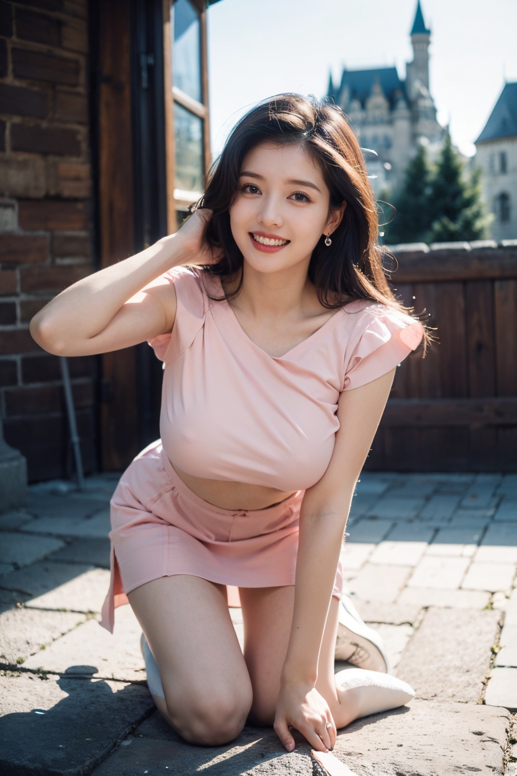  1girl, smiling,Realistic movie lighting,((pink top)),(skindentation),(skin tight))),ultradetailed,8K,detailed face,photorealistic,1girl,long hair,,solo,full_body,complex background, look at the viewer, detailedbackground,sweating details,realistic, fullbody,long legs,real,Lacrimal nevus,realism, Delicate glowing skin,masterpiece,bestquality,dynamic perspective,Perfectly proportioned figure,Detailed skin description,skirt, daytime, good weather, ((castle interior background)),JOJO pose,tall,(huge breasts:1.4),