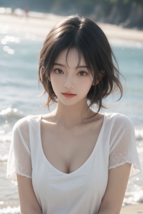  1girl, black dress,(faded ash gray hair:1), (at beach),looking at viewer, RAW photo, (photorealistic:1.37, realistic), highly detailed CG unified 8K wallpapers,(thick body:1.1),(((straight from front))), (HQ skin:1.8, shiny skin), 8k uhd, dslr, soft lighting, high quality, film grain, Fujifilm XT3, (professional lighting:1.6),,medium breasts, cleavage,Short sleeve, dimples,Immaculate skin,jujingyi,Hepburn style, jwy1, jujingyi, bj_Devil_angel