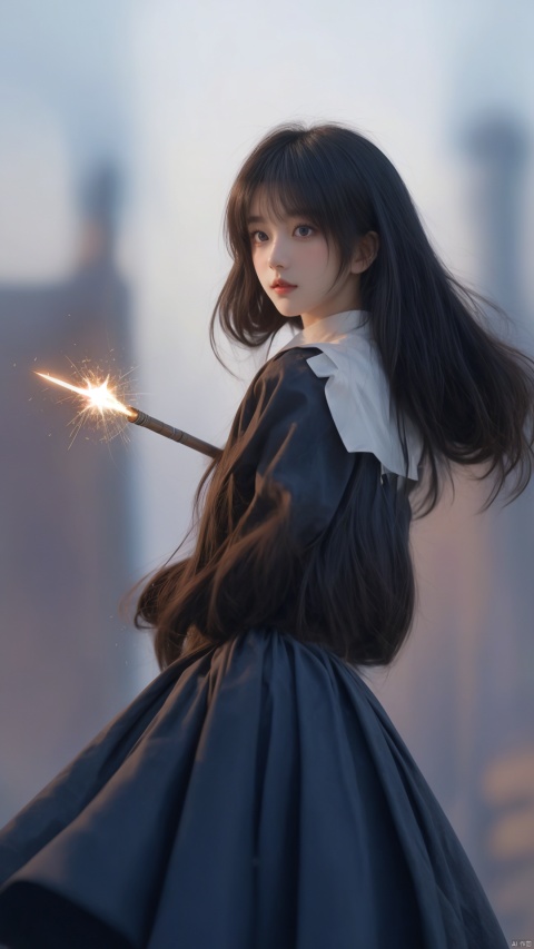  (Masterpiece,Best Quality), A realistic anime girl in a maid dress with coal-colored hair, striking a battle pose with a spear, inviting viewers to look closely at the high-resolution illustration, Fantasy, magical vibes, sci-fi mood, sparks, DoF, bokeh, sharp focus, xiqing