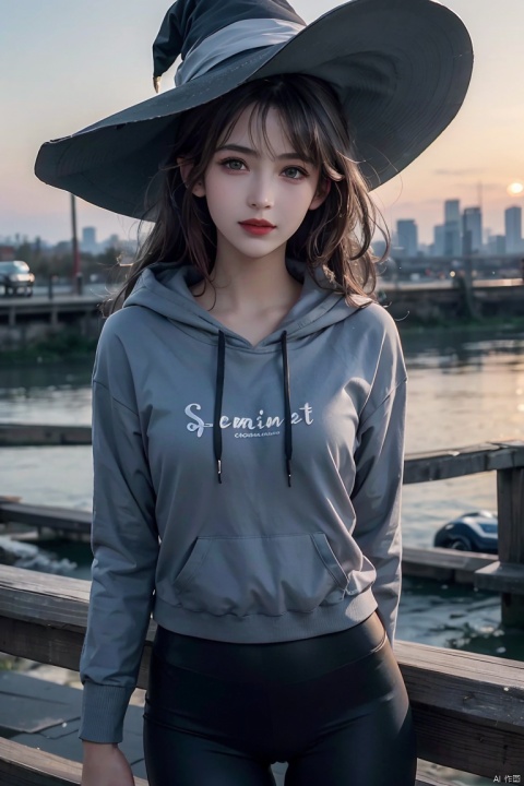  photo of 22 year old beautiful woman wearing casual shirt with a hoodie and leggings standing in front of a city skyline at sunrise, messy medium hair, slim body, medium upper body shot, looking at the camera, short smile, shallow depth of field, 8k uhd, dslr, soft lighting, high quality, photorealistic, realism, hyperrealism, art photography,slime (creature) in a witch's hat, white (substance)