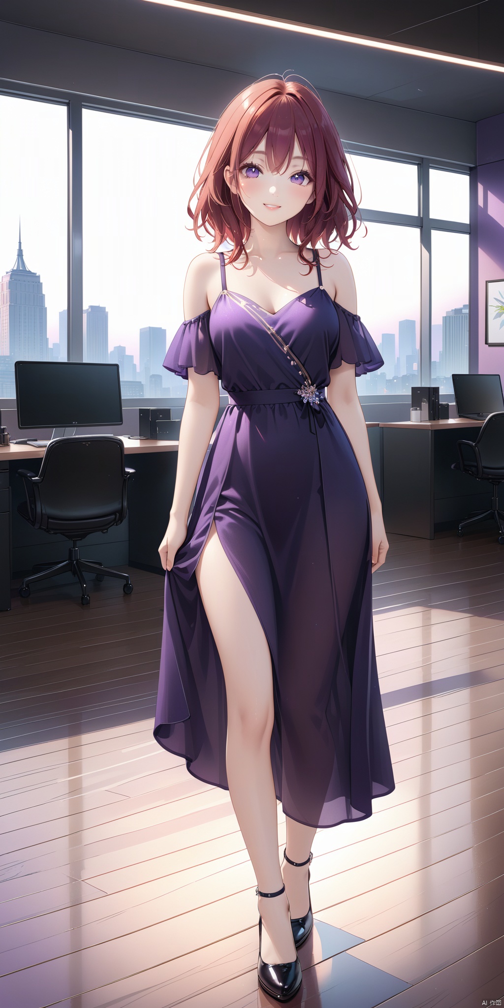  1girl, full body portrait, red hair, bright eyes, smile, standing,official art,unity 8k wallpaper,ultra detailed,beautiful and aesthetic,masterpiece,best quality,extremely detailed,background blur/scatter, frontal view, indoor, office, wooden flooring,natural light, bright, vibrant,colorful, light master, MAJICMIX STYLE,Wavy_hair, purple evening_dress