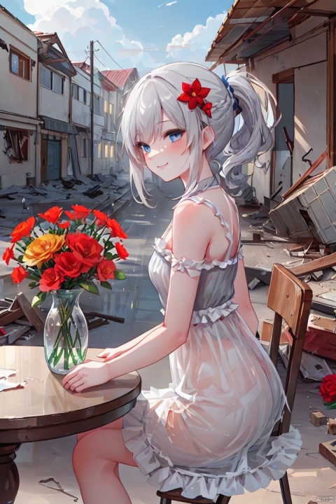  (detailed light), (an extremely delicate and beautiful), (1 girl holdding vase and flower)
(cowboy shot:1.3)
(from side:1.25), (1 loli:1.2), grey hair, (messy braid ponytail), (wearing old ripped dress), (long grey dress), frills, (Smile, hope, sunshine:1.2), (solo), (blue eyes:1.2), (Detailed beautiful eyes, lively eyes), (sitting), table
volume light, best shadow, flash, Depth of field, dynamic angle, Oily skin
(looking at vase), (1 Detailed vase), (red flower inside of vase), (Detailed and beautiful), (Holdding vase)
(outdoors, Earthquake debris, cracked ground, collapsed houses in the distance, grey sky, smoky), HTTP