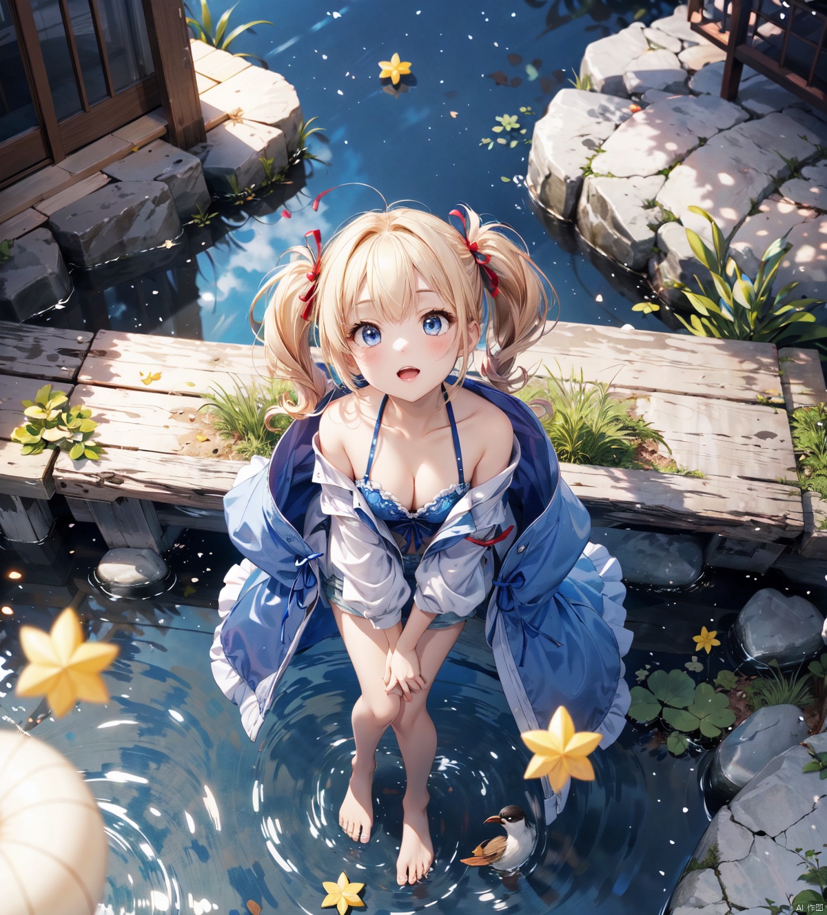  1girl,blonde hair,blue eyes,(very long twin tails,looking up),sharp hair,sitting,rocks,river,((reflection,night,star_(sky))),
stretch hand, (full body,mid shot,depth of field),(birds),(from above:1.2),dark_blue down coat,bare leg,shorts,(blurry background),backlight, xinniang, Chisato and Takina