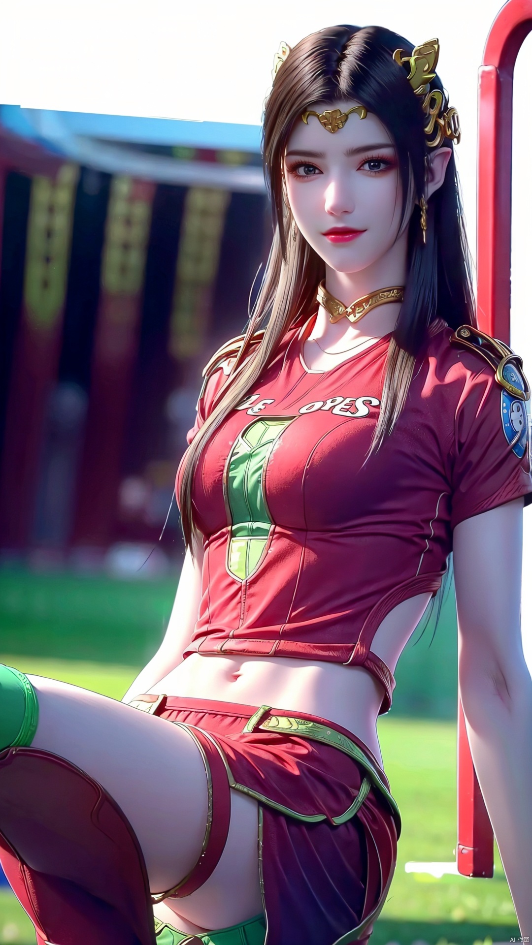  1girl,Full body image,sports shoes,long legs,black hair, kind smile,looking_at_viewer, , (perfect body),(Soccer uniform: 1.6) (red Soccer field: 1.5), futuaner,blackpantyhose,miniskirt,smile,long hair,bokeh,realistic,blurry, captivating gaze,natural light, shallow depth of field, romantic setting, dreamy pastel color palette, whimsical details, captured on film,. (Original Photo, Best Quality), (Realistic, Photorealistic: 1.3), Clean, Masterpiece, Fine Detail, Masterpiece , Ultra Detailed, High Resolution, (Best Illustration), (Best Shadows), Complex, Bright light,
, ,