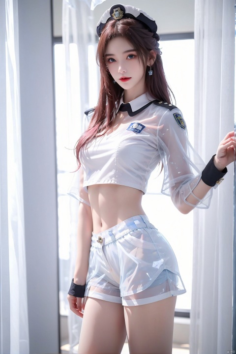  High quality, masterpiece, 1Girl, Earstuds, blue eyes,Earstuds, blue eyes, black hair, short hair,(translucent white police uniform: 1.5), navel exposed, (translucent shorts: 1.3), thigh exposed, (supermodel pose),smile,(solo),（Different postures）,Pink hair,(Perfect hand lines),, 1 girl, , yeqinxian, jujingyi, christmas, 1girl,high_heels