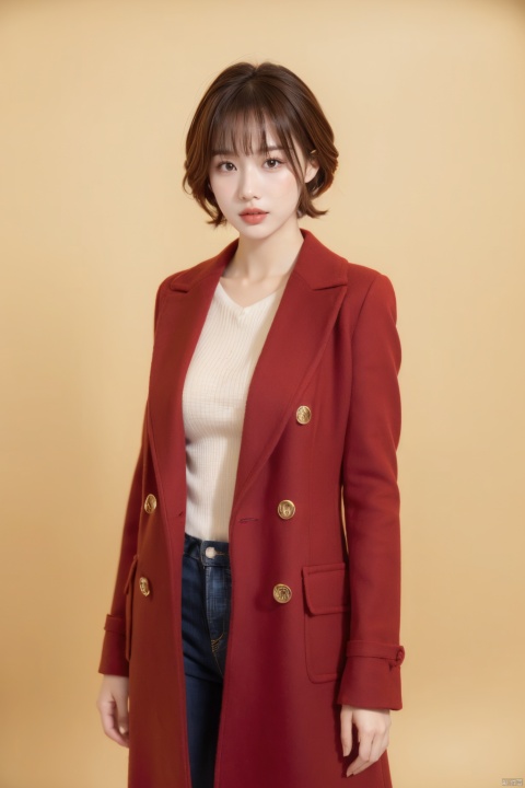  Girl, red wool coat, pretty face, short hair, blonde hair, (photo reality: 1.3) , Edge lighting, (high detail skin: 1.2) , 8K Ultra HD, high quality, high resolution, best ratio of four fingers and one thumb, (photo reality: 1.3) , wearing a red coat, white shirt inside, large breasts, solid color background, solid red background, advanced feeling, texture pull full, 1 girl, xiqing, hszt, xiaxue, dongji, 1girl,moyou