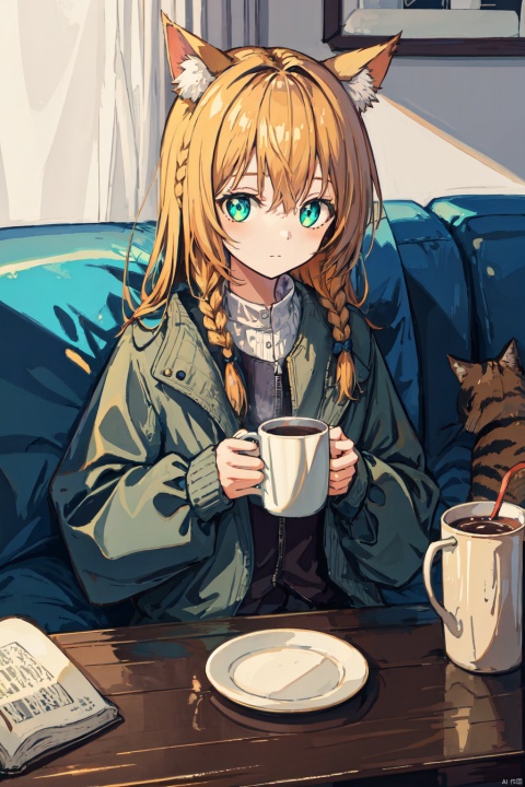  1girl, animal, animal_ears, blue_jacket, braid, cat, cat_ears, closed_mouth, couch, cup, green_eyes, holding, holding_cup, jacket, long_hair, long_sleeves, mug, pillow, sitting, solo, table, + +,sparkling eyes