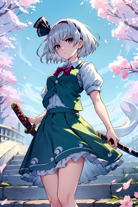  1girl, konpaku_youmu, konpaku_youmu_\(ghost\), solo, breasts, looking_at_viewer, short_hair, bangs, skirt, shirt, bow, ribbon, holding, closed_mouth, standing, purple_eyes, hair_ribbon, white_shirt, weapon, white_hair, short_sleeves, grey_hair, hairband, frills, puffy_sleeves, collared_shirt, sword, bowtie, holding_weapon, vest, puffy_short_sleeves, v-shaped_eyebrows, petals, black_ribbon, black_bow, feet_out_of_frame, holding_sword, bob_cut, katana, frilled_skirt, black_hairband, cherry_blossoms, green_skirt, skirt_set, dual_wielding, serious, black_bowtie, stairs, hitodama, green_vest, hitodama_print, masterpiece