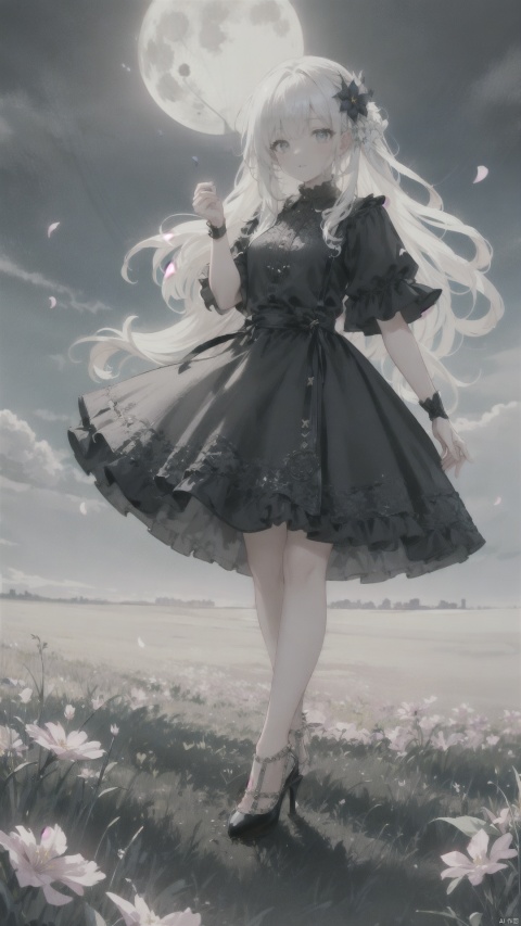  tutututu, high heels, full body, masterpiece, best quality, 1girl, (colorful),(delicate eyes and face), volumatic light, ray tracing, bust shot ,extremely detailed CG unity 8k wallpaper,solo,smile,intricate skirt,((flying petal)),(Flowery meadow) sky, cloudy_sky, moonlight, moon, night, (dark theme:1.3), light, fantasy, windy, magic sparks, dark castle,white hair,