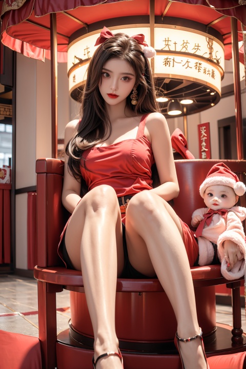  close-up,A cute Chinese girl,dressed in Lolita's outfit,with a long pink wig,sitting on a carousel,with a dreamy light, red lips, 1girl, jujingyi, christmas,high_heels,pantyhose