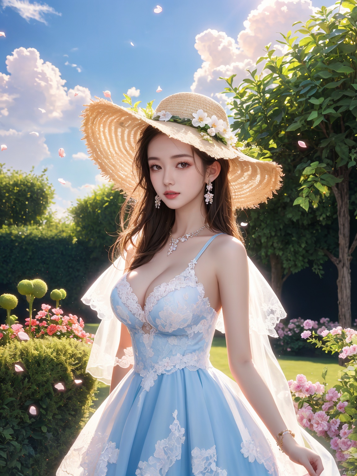  masterpiece, 1 girl, 18 years old, Look at me, long_hair, straw_hat, Wreath, petals, Big breasts, Light blue sky, Clouds, hat_flower, jewelry, Stand, outdoors, Garden, falling_petals, White dress, textured skin, super detail, best quality, HUBG_Rococo_Style(loanword)