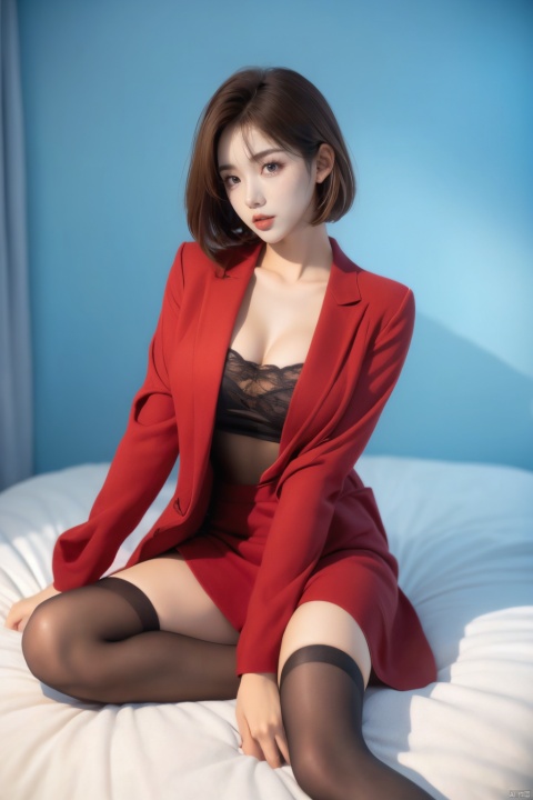  Girl, red wool coat, pretty face, short hair, blonde hair, (photo reality: 1.3) , Edge lighting, (high detail skin: 1.2) , 8K Ultra HD, high quality, high resolution, best ratio of four fingers and one thumb, (photo reality: 1.3) , wearing a red coat, white shirt inside, large breasts, solid color background, solid red background, advanced feeling, texture pull full, 1 girl, xiqing, hszt, xiaxue, dongji, 1girl,moyou, Black 8D glossy stockings