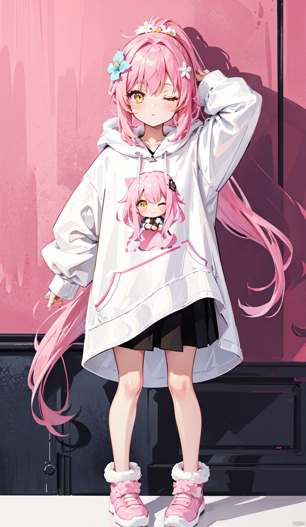  1petite loli, solo.pink hair, long pink hair, (yellow eyes),puffy sleeves,fur-trimmed jacket, hair flower, fipped hair, high ponytail, loose over_sized Casual T-shirt, white shirt, hoodie coat, bare legs, slippers;relaxed, one-eye_closed, adjusting hair, looking at viewer, standing.