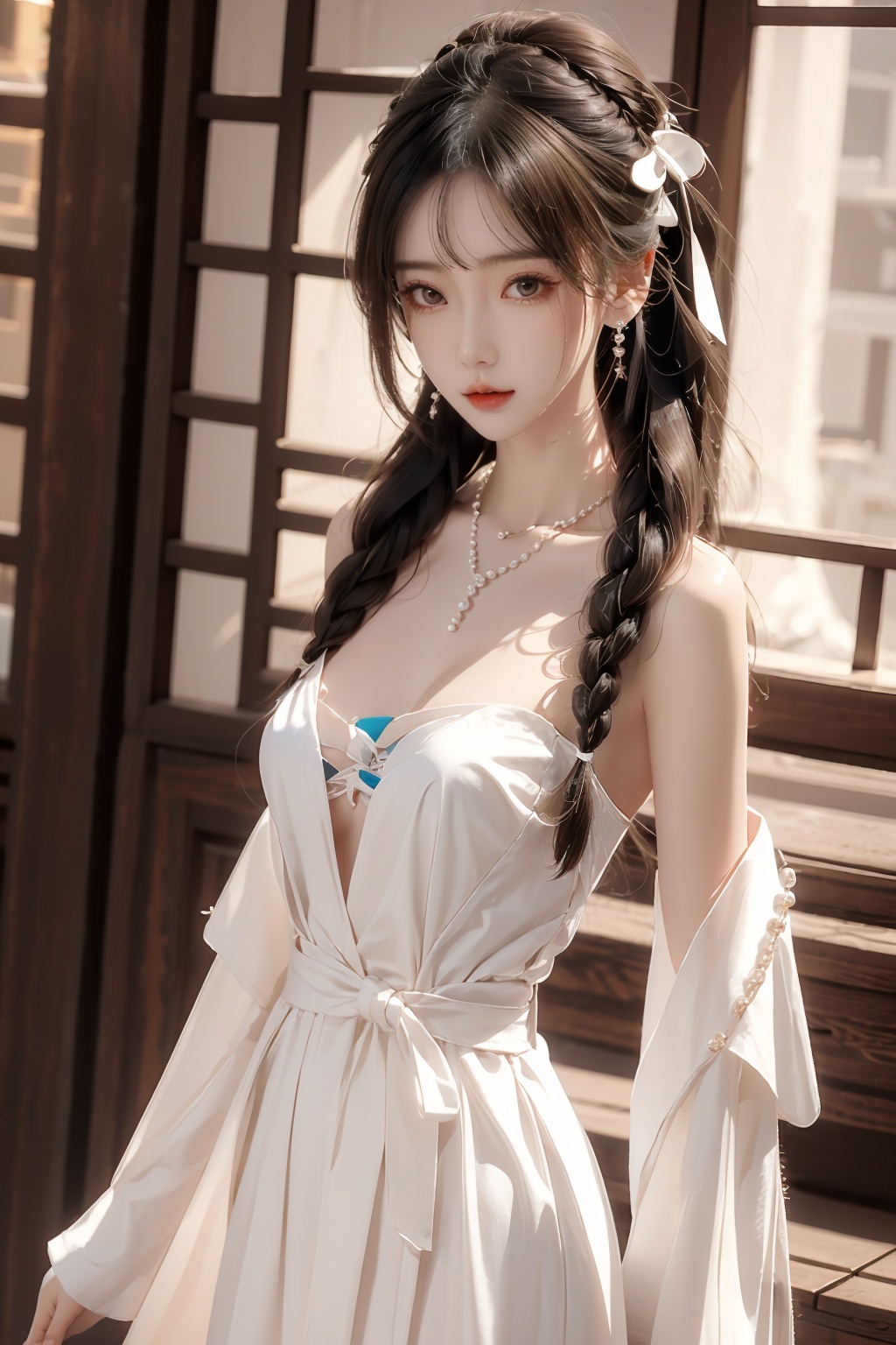 ((NSFW)),((NUDE)),((naked)),((no_bra)),(sexy),medium breasts,c_cup,nipples,*****, ***** juice,  full body, 1girl, braid, twin braids, jewelry, solo, blurry background, branch, upper body, necklace, blurry, ribbon, long hair, hair ribbon, earrings, white ribbon, flower, brown hair, parted lips, dress, looking to the side, hair ornament, pearl necklace, black hair, bare shoulders, twintails, realistic, blue dress,moyou, Nebula, cuteloli, 21yo girl, 1 girl, wangyushan, dachangtui,white_dress, blackpantyhose, angel