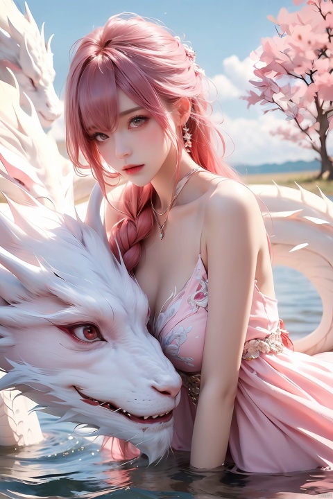  (Ultra wide angle lens), viewed from below,1girl,Wide angle lens, pink dress, bare shoulders,hair between eyes, outdoor, pink hair, sky, solo, wading, (white dragon), 1girl