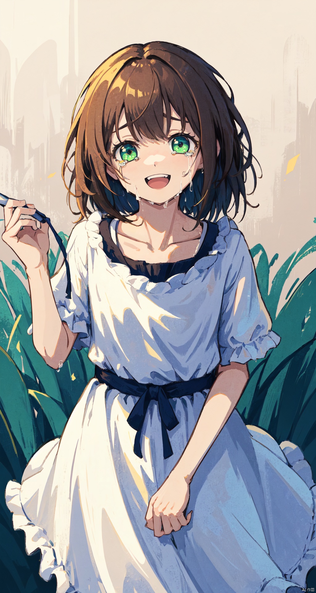  1girl, :d, braid, brown_hair, collarbone, crying, crying_with_eyes_open, dress, frills, green_eyes, holding, long_hair, looking_at_viewer, open_mouth, parted_bangs, smile, solo, tears, teeth, upper_teeth