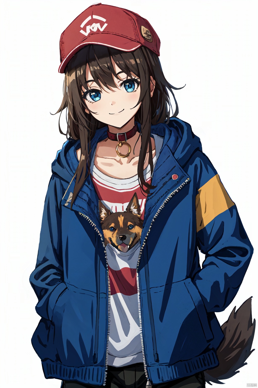  long hair, big hair, hair flowing over, messy hair, blue eyes, choker, closed mouth, collar, dog tail, hand in pocket, hat, hat with ears, hood, hoodie, jacket, long hair, long sleeves, looking at viewer, nail polish, open clothes, open jacket, simple background, smile, solo,