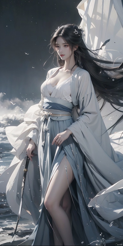  8k image quality, 1 girl, white long hair, (white and blue), Hanfu, thin waist, long legs, slim hands, beautiful legs, pumpkin seed face, Front light, Hand sword, hanging sky, mist, Fairyland, high quality, Unreal Engine, highest quality rendering, Soft Light, Master Photography, Film quality,(right hand), (exquisite facial features)