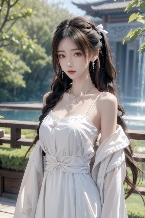  full body, 1girl, braid, twin braids, jewelry, solo, blurry background, branch, upper body, necklace, blurry, ribbon, long hair, hair ribbon, earrings, white ribbon, flower, brown hair, parted lips, dress, looking to the side, hair ornament, pearl necklace, black hair, bare shoulders, twintails, realistic, blue dress,moyou, Nebula, cuteloli, 21yo girl, 1 girl, wangyushan, dachangtui,white_dress, blackpantyhose, angel