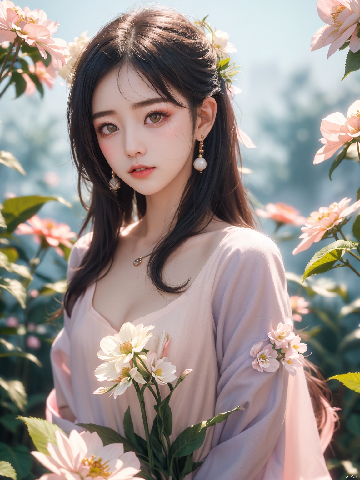  1girl,yuzu,qingsha,medium shot,solo,emotional_face,flower dress,flower armor,looking_at_viewer,green_theme,colorful blooming flowers,forming a dreamlike world,flower_garden,flowers everywhere,greens,pinks,bokeh,cinematic,exposure blend,(teal and orange:0.85),(muted_colors, dim_colors, soothing_tones:1.3),high contrast,low saturation,(Canon RF 85mm f/1.2L),tifa,huolinger,glint sparkle,pantyhose,xinniang,eyesseye,21yo girl,ajkds,yunbin,