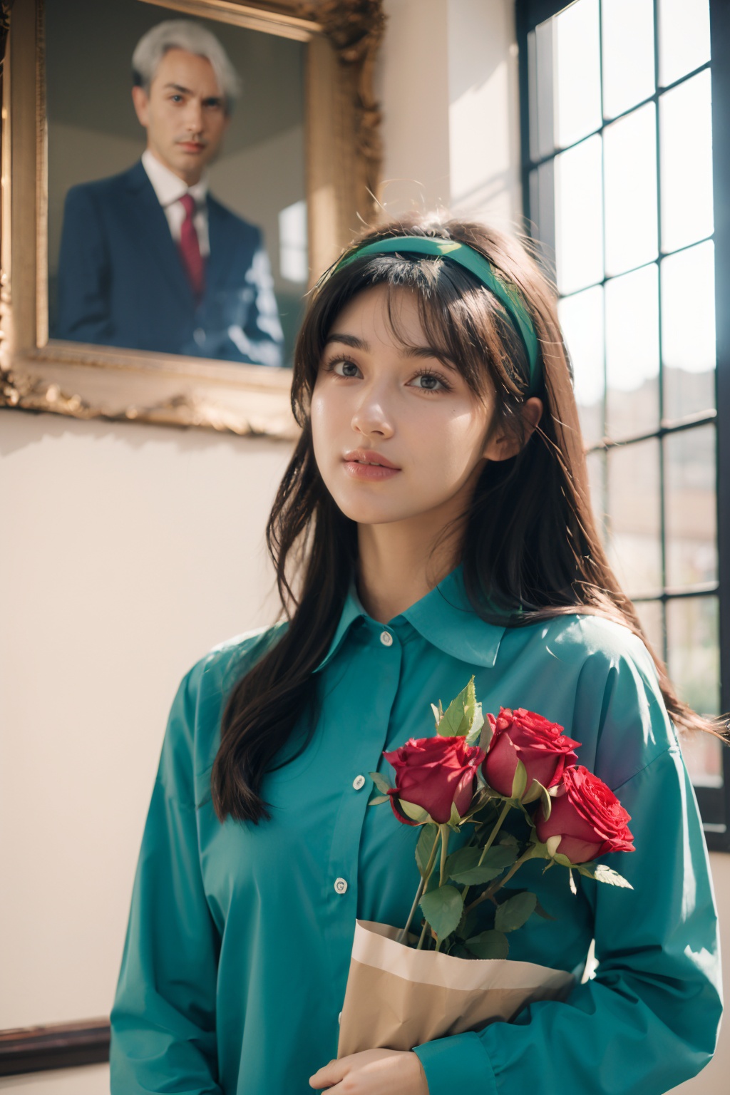  ((masterpiece)), smile, look up, photography style, soft focus, pure face, Detailed light and shadow, Front light source, 1girl,solo, ((pure-blue-shirt)),flower,blurry_background,long_hair,blurry,((green-hairband)),holding,rose,black_hair,bouquet,indoors,long_sleeves,pink_flower,upper_body,realistic,pink_rose,vase,black_eyes,depth_of_fiel, ((best quality)),