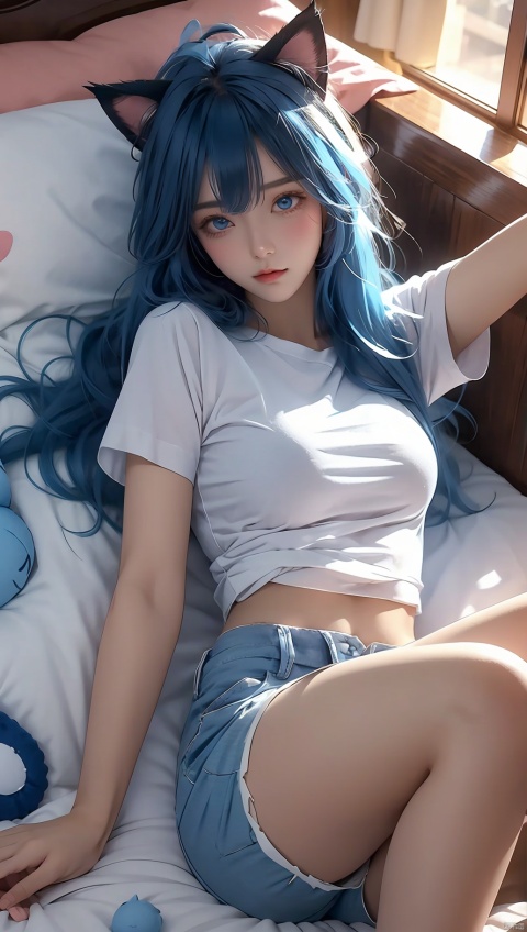  1girl, striped shorts, stuffed cat, solo, cat tail, shirt, blue hair, stuffed toy, legs up, blue eyes, cat ears, short shorts, shorts, stuffed animal, cat girl, bangs, animal ears, tail, on back, lying, white shirt, long hair, short sleeves, feet out of frame, blue shorts, striped, looking at viewer, hair between eyes, blush, parted lips, bed sheet, pillow, :o,Punk,girl, Hourglass body shape