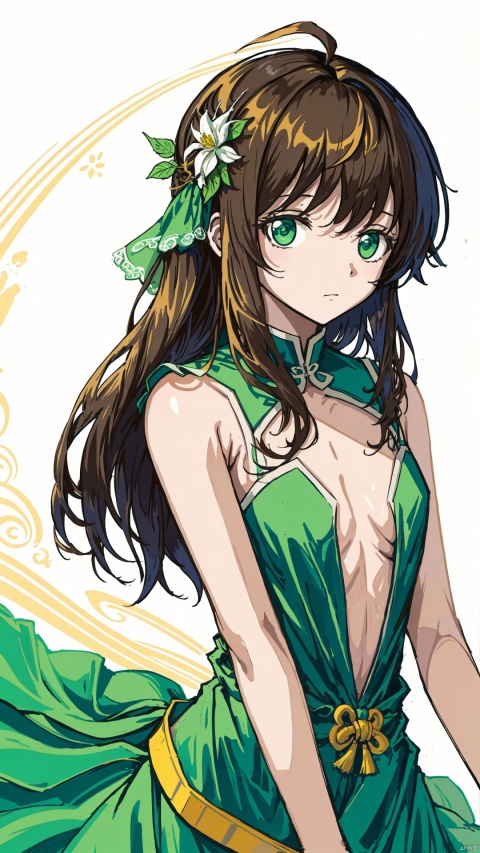  antenna hair, A girl with brown hair, upper body, facing the viewer, wearing a white flower and green dress on her head, revealing her arms,large chest,Long hair, ((tied hair)), 1girl, tenderness,soft light, Energetic girl, Chinese style, who, greendesign