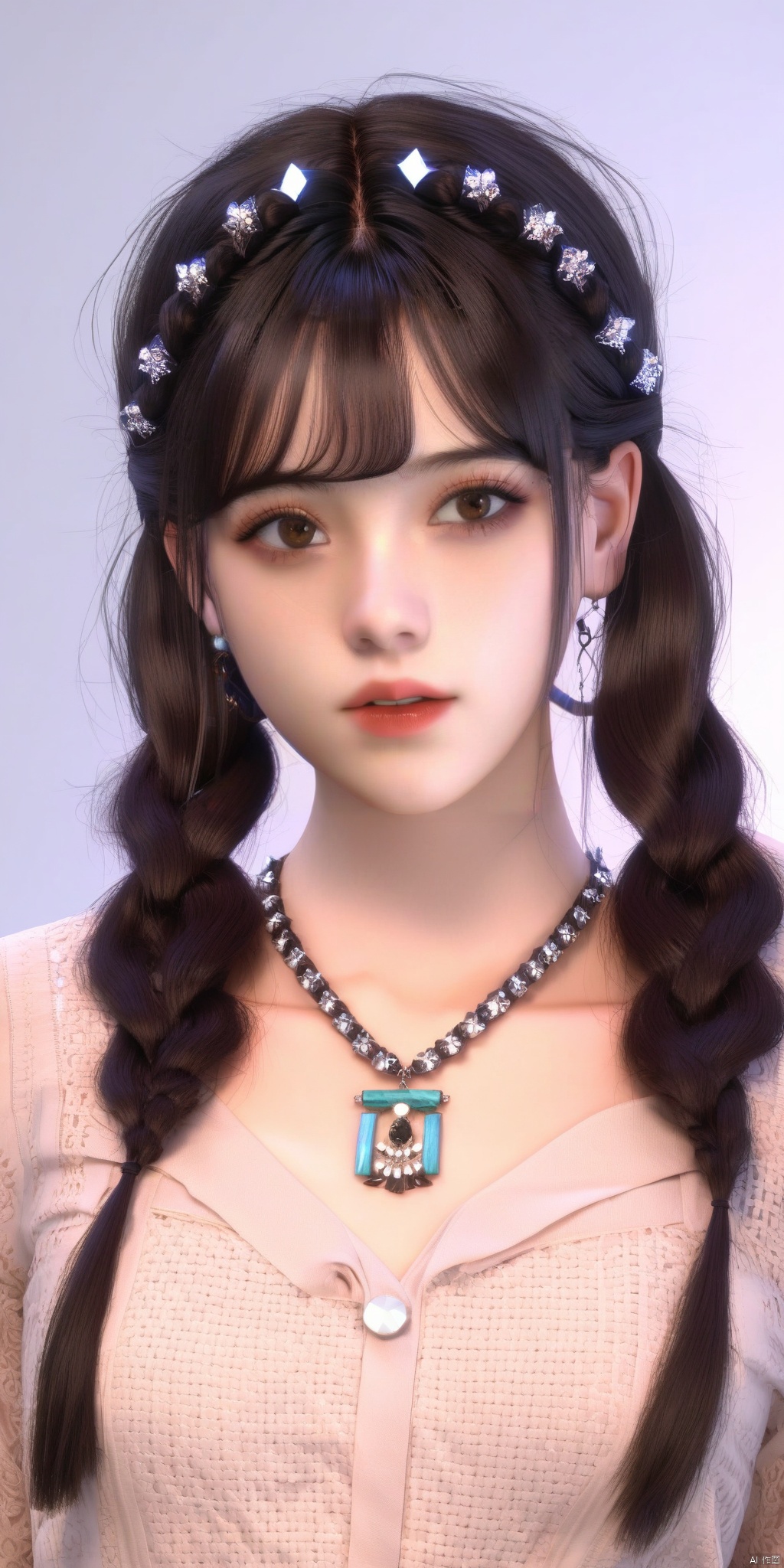  1girl, solo, looking at viewer, bangs, brown hair, black hair, hair ornament, twintails, jewelry, upper body, necklace, black eyes, lips, realistic, 3d stely