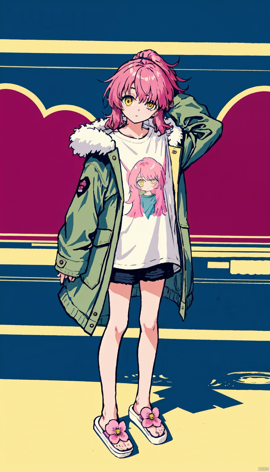  1petite loli, solo.pink hair, long pink hair, (yellow eyes), puffy sleeves, fur-trimmed jacket, hair flower, fipped hair, high ponytail, loose over_sized Casual T-shirt, white shirt, hoodie coat, bare legs, slippers;relaxed, one-eye_closed, adjusting hair, looking at viewer, standing.