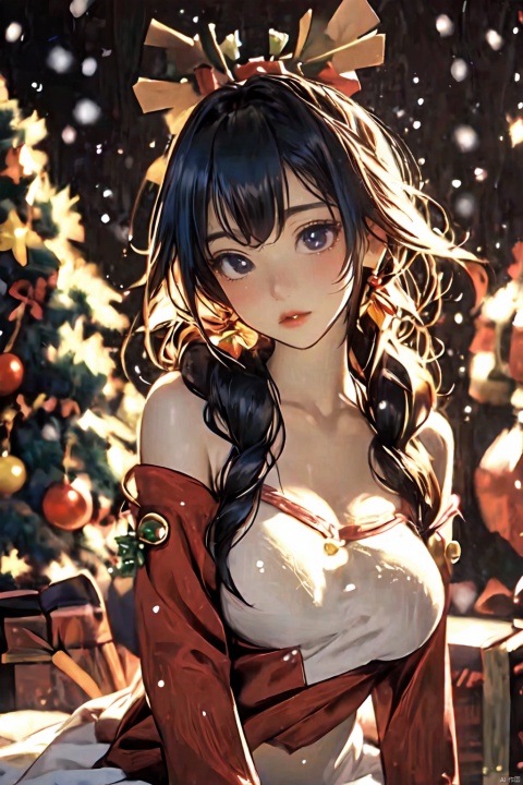  , aniya, loli,1girl,bare shoulders,collarbone,navel,pleated skirt,multicolored hair,antenna hair,looking away,huge breasts,bouncing breasts, christmas,christmas_clothes,<lora:660447313082219790:1.0>