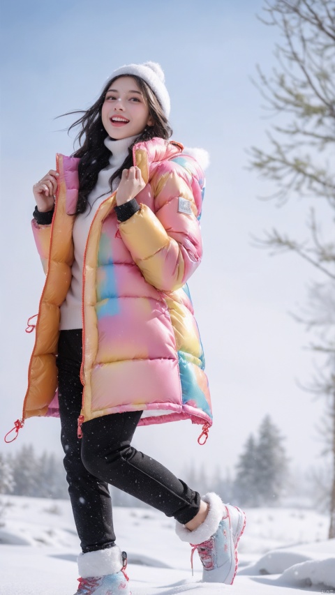  (Masterpiece), (Ultra High Resolution), a girl with long hair are joyfully dancing in heavy snow. (((colourful down jacket:1.2))), sneakers,colourful pants, Their faces are filled with happy smiles, and snowflakes are falling on their hair and collars. The surrounding is a vast expanse of white snow, only their footprints disturbing the purity. Snowflakes in the sky fall like cotton candy, adding a touch of sweetness to this winter scene. This is a vibrant and joyful winter afternoon. 
, Fashion Style,jellyfishforest