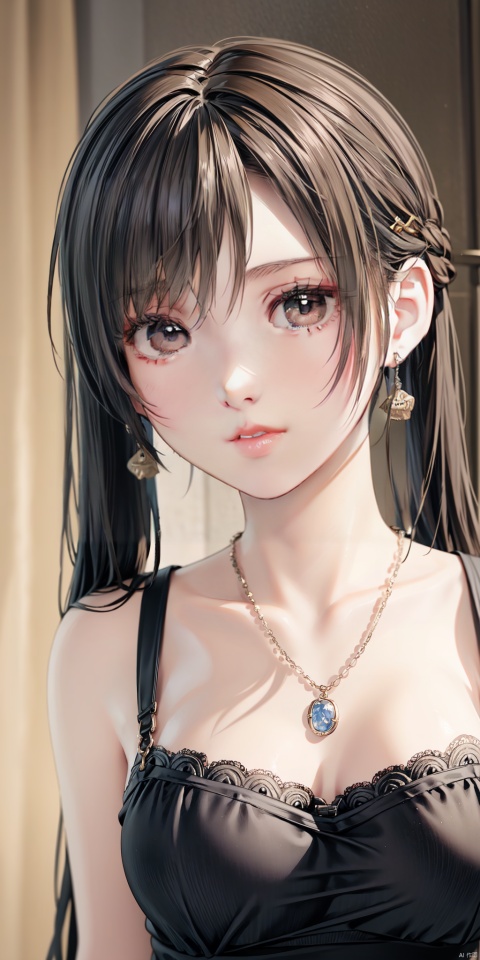 1girl, solo, looking at viewer, bangs, brown hair, black hair, hair ornament, twintails, jewelry, upper body, necklace, black eyes, lips, realistic, 1girl,moyou