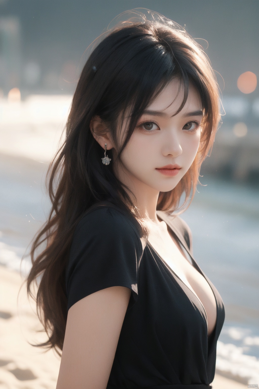  1girl, black dress,(faded ash gray hair:1), (at beach),looking at viewer, RAW photo, (photorealistic:1.37, realistic), highly detailed CG unified 8K wallpapers,(thick body:1.1),(((straight from front))), (HQ skin:1.8, shiny skin), 8k uhd, dslr, soft lighting, high quality, film grain, Fujifilm XT3, (professional lighting:1.6),,medium breasts, cleavage,Short sleeve, dimples,Immaculate skin,jujingyi,Hepburn style, jwy1, jujingyi, bj_Devil_angel