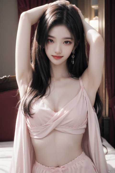  1girl ,upper part of the body,blue eyes,armpits, underwear,Small breasts, earrings, lighting, blurred background, Hourglass body shape,hotel,xuxin,armpits,earrings,lighting,blurred background, hotel, on bed, xuxin, , smile ,moyou, jujingyi, bj_Devil_angel,Big chest,Pink dress,Show your navel