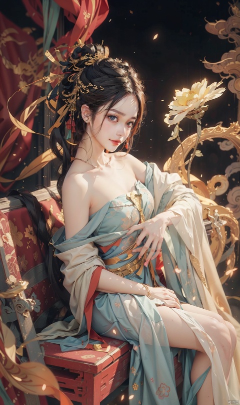  (bare shoulders:0.85), (1girl:1.4),solo,((tattoo:1.1)), ((leg show:1.3)),(white race skin color:1.3),(a woman sitting on a flower field bench,palace,a girl in hanfu,instagram competition champion,in the water all the way to the shoulder,stand gracefully on the lotus,inspired by hua yan,high priestess tarot,complete cosplay,fairy),ink painting,(moon:1),(masterpiece,highest quality,the best quality,official art,beauty and aesthetics:1.2),extremely detailed,(chinese style:1.2),theatre dance scene,(super maximization:1.5),rich color,highest detail,pink flowers,(Glowing ambiance, enchanting radiance, luminous lighting, ethereal atmosphere, mesmerizing glow, evocative hues, captivating coloration, dramatic lighting, enchanting aura),((nipples:1)),
,DUNHUANG_CLOTHS