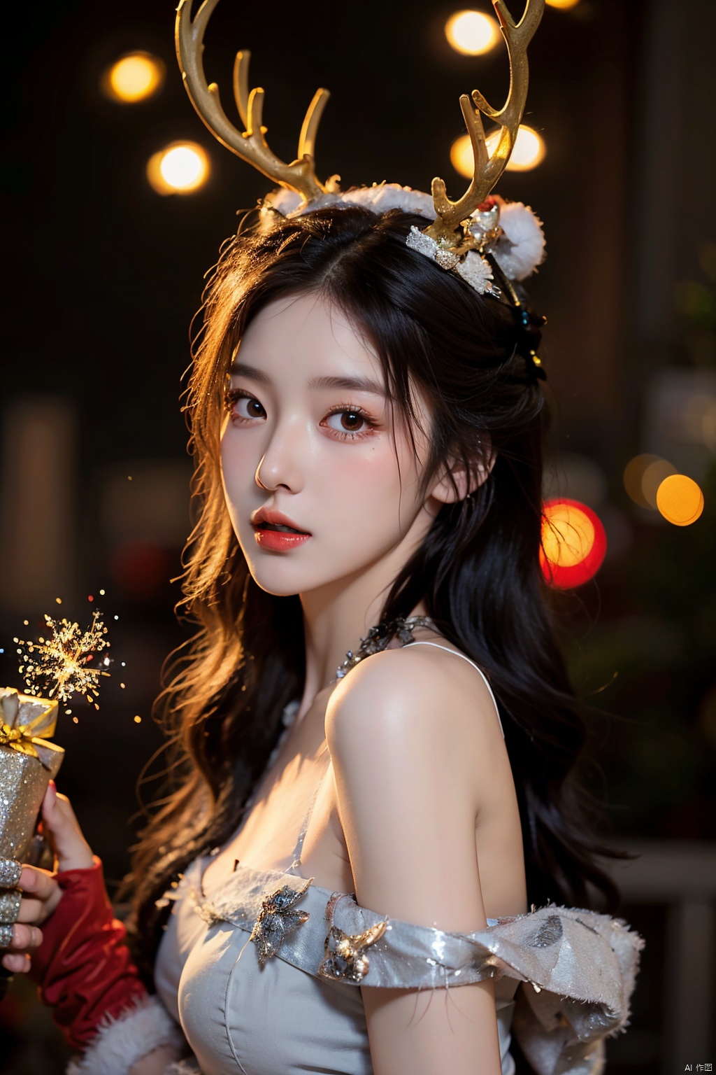  1girl,christmas,bare shoulders,antlers,(cowboy shot close-up),standing,exquisite eyes,outdoors,night,cityscape,snowing,elegant posture,,(an extremely delicate and beautiful),(best quality),((masterpiece)),intricate detail,(masterpiece, high quality, best quality),fireworks,
