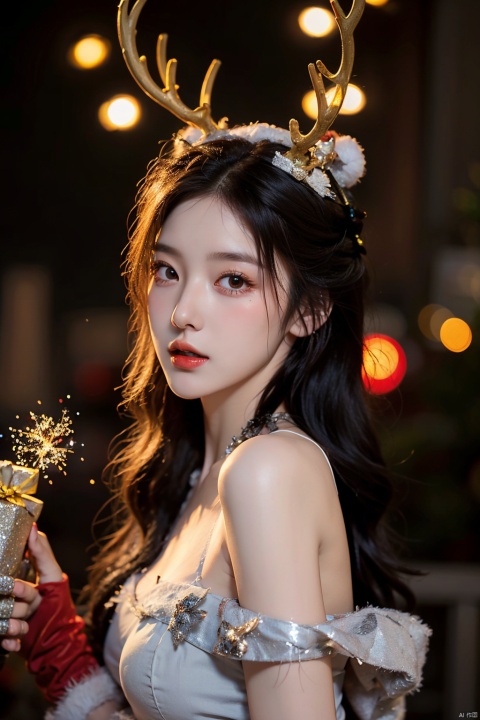  1girl,christmas,bare shoulders,antlers,(cowboy shot close-up),standing,exquisite eyes,outdoors,night,cityscape,snowing,elegant posture,,(an extremely delicate and beautiful),(best quality),((masterpiece)),intricate detail,(masterpiece, high quality, best quality),fireworks,
