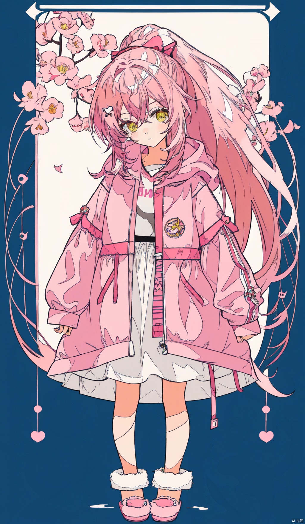  1petite loli, solo.pink hair, long pink hair, (yellow eyes),puffy sleeves,fur-trimmed jacket, hair flower, fipped hair, high ponytail, loose over_sized Casual T-shirt, white shirt, hoodie coat, bare legs, slippers;relaxed, one-eye_closed, adjusting hair, looking at viewer, standing., chibi