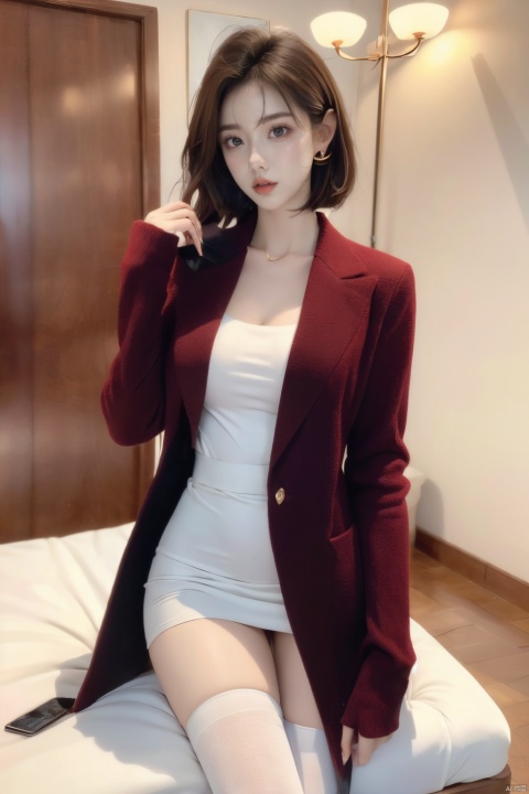  Girl, red wool coat, pretty face, short hair, blonde hair, (photo reality: 1.3) , Edge lighting, (high detail skin: 1.2) , 8K Ultra HD, high quality, high resolution, best ratio of four fingers and one thumb, (photo reality: 1.3) , wearing a red coat, white shirt inside, large breasts, solid color background, solid red background, advanced feeling, texture pull full, 1 girl, xiqing, hszt, xiaxue, dongji, 1girl,moyou, Black 8D glossy stockings