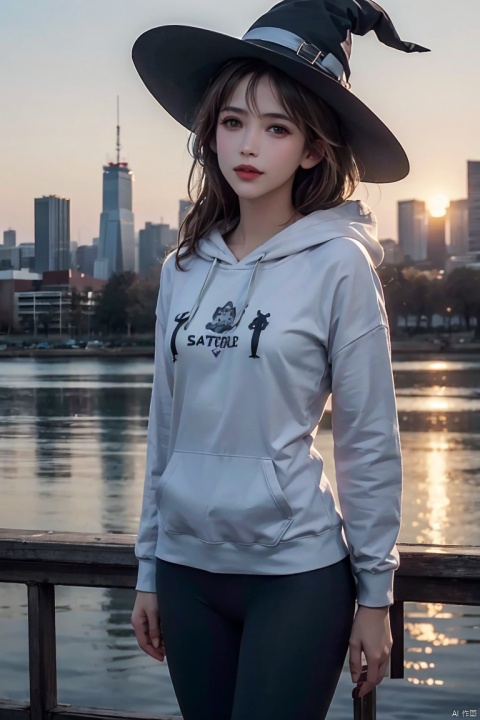  photo of 22 year old beautiful woman wearing casual shirt with a hoodie and leggings standing in front of a city skyline at sunrise, messy medium hair, slim body, medium upper body shot, looking at the camera, short smile, shallow depth of field, 8k uhd, dslr, soft lighting, high quality, photorealistic, realism, hyperrealism, art photography,slime (creature) in a witch's hat, white (substance)