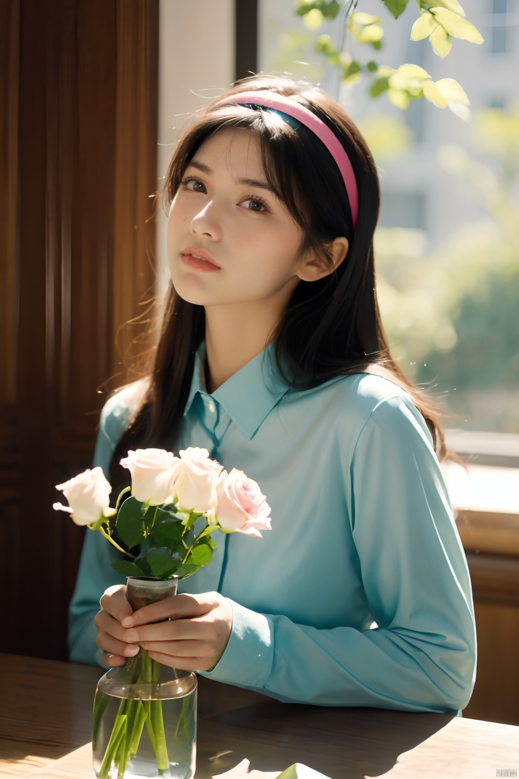  ((masterpiece)), smile, look up, photography style, soft focus, pure face, Detailed light and shadow, Front light source, 1girl,solo, ((pure-blue-shirt)),flower,blurry_background,long_hair,blurry,((green-hairband)),holding,rose,black_hair,bouquet,indoors,long_sleeves,pink_flower,upper_body,realistic,pink_rose,vase,black_eyes,depth_of_fiel, ((best quality)),