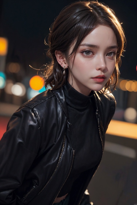  photo of beautiful (n4t3mm:0.99), a woman as a movie star, turtleneck sweater, black jacket, (trousers), movie premiere gala, dark moody ambience (masterpiece:1.2) (photorealistic:1.2) (bokeh) (best quality) (detailed skin:1.2) (intricate details) (nighttime) (8k) (HDR) (cinematic lighting) (sharp focus), (looking at the camera:1.1), ((closeup portrait:1.2)), (earrings), colorful outfit