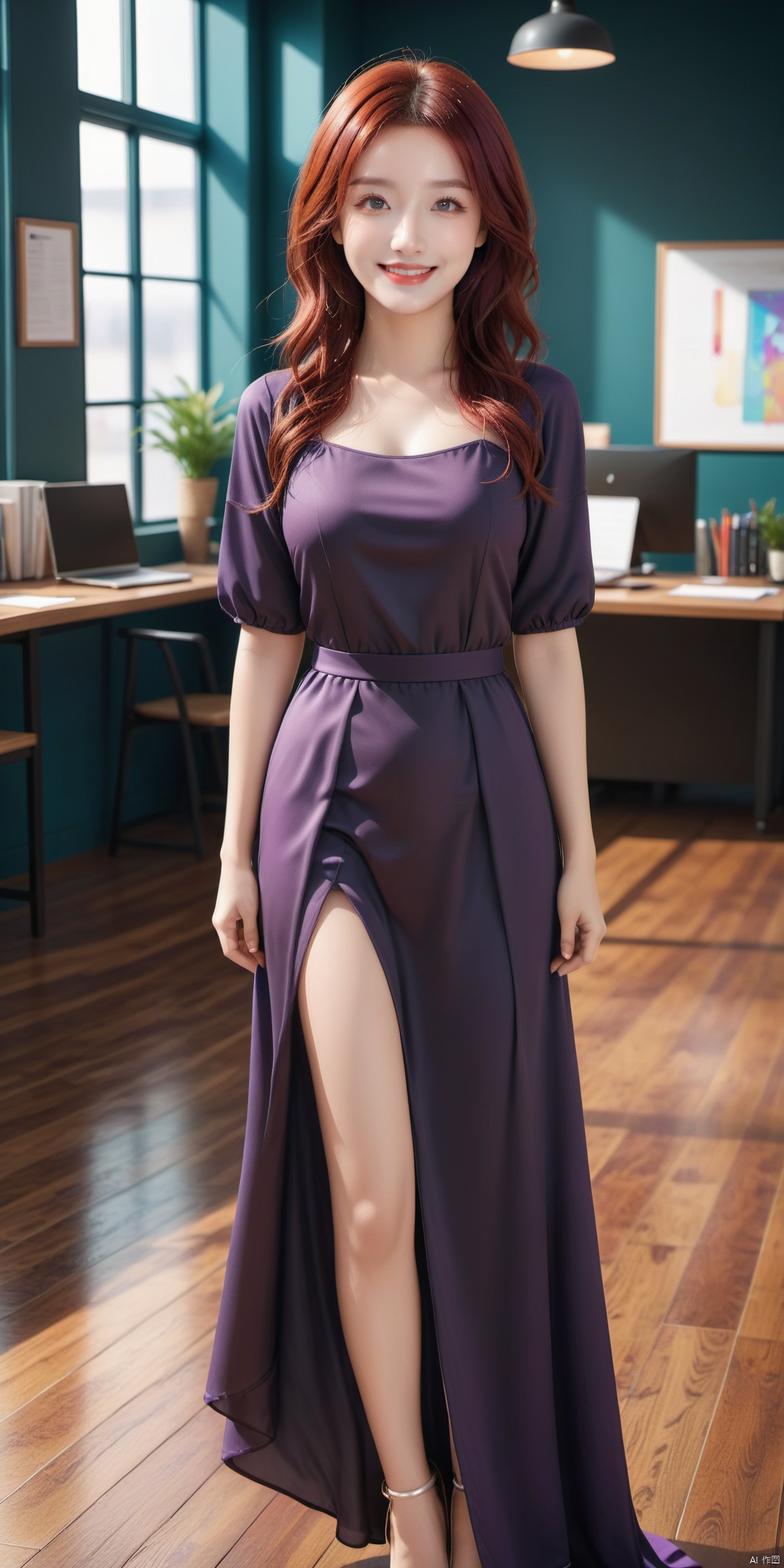  1girl, full body portrait, red hair, bright eyes, smile, standing,official art,unity 8k wallpaper,ultra detailed,beautiful and aesthetic,masterpiece,best quality,extremely detailed,background blur/scatter, frontal view, indoor, office, wooden flooring,natural light, bright, vibrant,colorful, light master, MAJICMIX STYLE,Wavy_hair, purple evening_dress