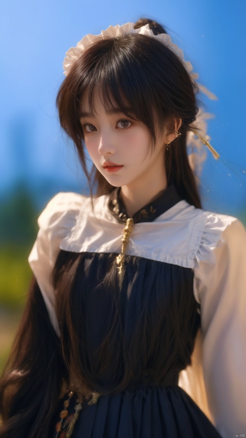  (Masterpiece,Best Quality), A realistic anime girl in a maid dress with coal-colored hair, striking a battle pose with a spear, inviting viewers to look closely at the high-resolution illustration, Fantasy, magical vibes, sci-fi mood, sparks, DoF, bokeh, sharp focus, xiqing