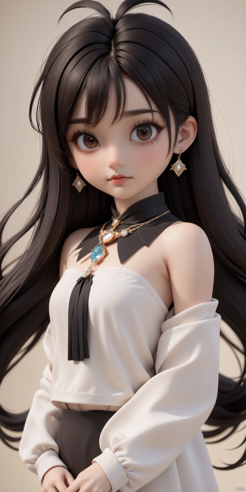  1girl, solo, looking at viewer, bangs, brown hair, black hair, hair ornament, twintails, jewelry, upper body, necklace, black eyes, lips, realistic, 3d stely, loli, guzhuang, Nendoroid 