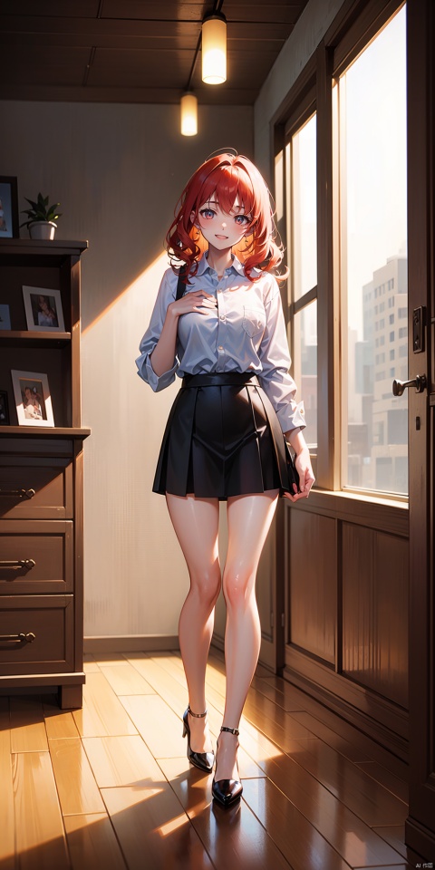 1girl, full body portrait, collared shirt, short skirt, high heels, wavy curls, red hair, bright eyes, smile, standing,official art,unity 8k wallpaper,ultra detailed,beautiful and aesthetic,masterpiece,best quality,extremely detailed,background blur/scatter, frontal view, indoor, office, wooden flooring,natural light, bright, vibrant,colorful, 1girl