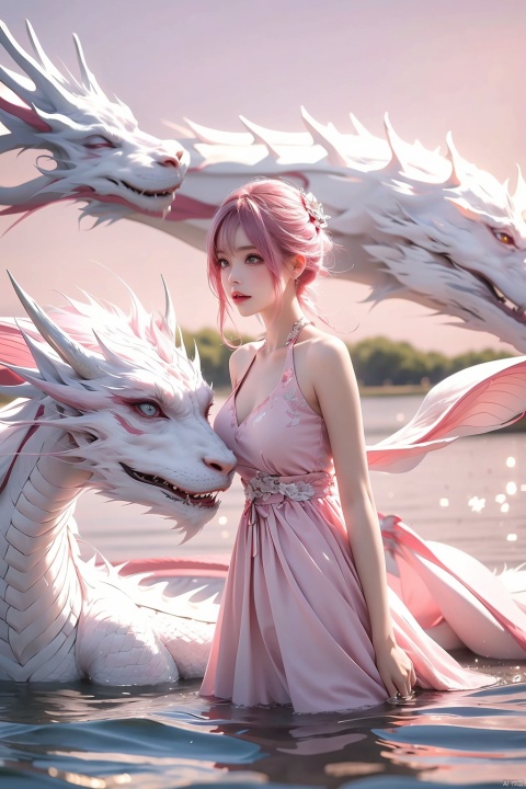  (Ultra wide angle lens), viewed from below,1girl,Wide angle lens, pink dress, bare shoulders,hair between eyes, outdoor, pink hair, sky, solo, wading, (white dragon), 1girl